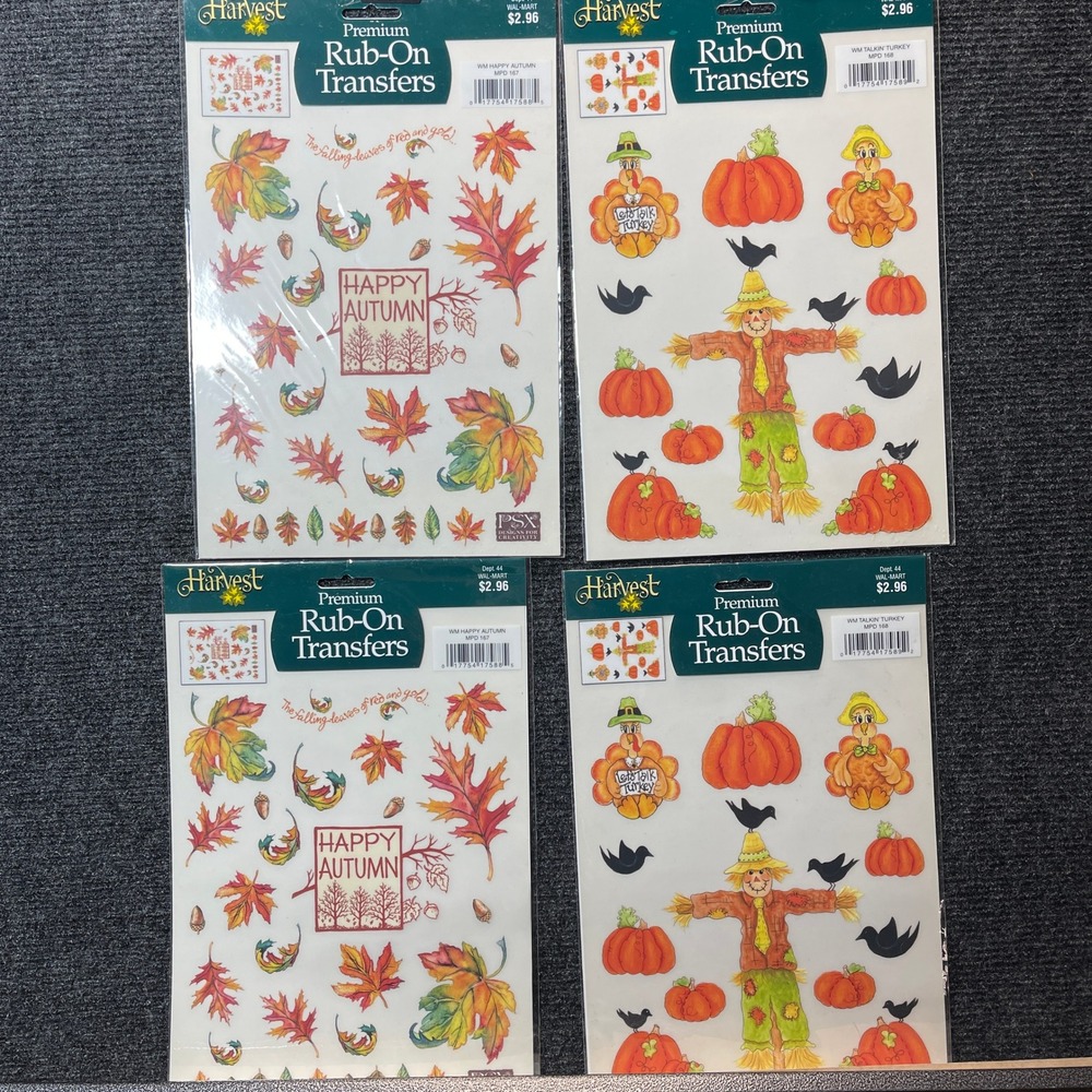 Walmart NOS Harvest Rub-On Transfers LOT OF 4 Fall Thanksgiving Scarecrow Leaves